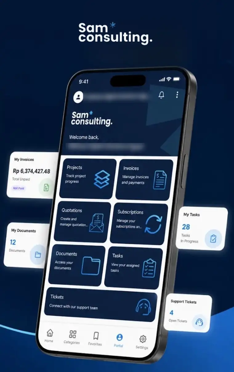 Sam Consulting client app showing projects, invoices, documents and support tickets